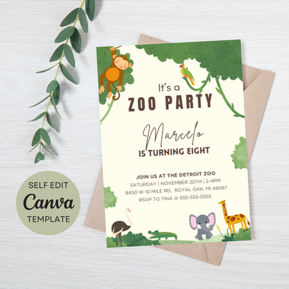 Editable Zoo Jungle Birthday Invitation Template | Instant Download | Canva Editable Birthday Invite | Printable Jungle Party Invitation