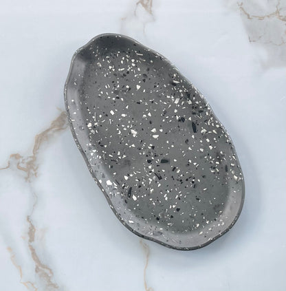 Oval Accent Tray | Grey w/ black & white terrazzo