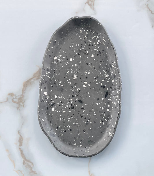 Oval Accent Tray | Grey w/ black & white terrazzo